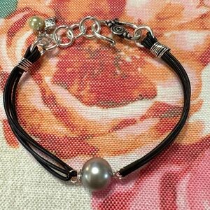 Elegant Black Leather and Silver Pearl Bracelet with silver Findings.